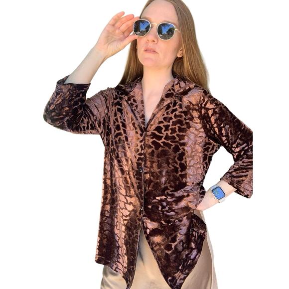 Vintage Robbie Bee Blouse Velvet Animal Leopard Print Brown Button Down Size 8 - Picture 1 of 7